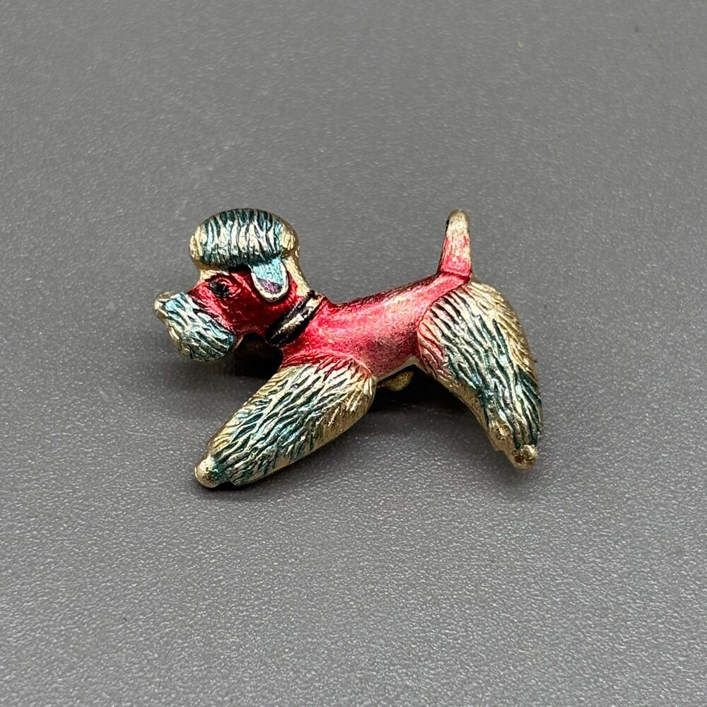 Vintage Poodle Dog Brooch Red Enamel Paint Gold Tone Figural Pin Hong Kong 1960s